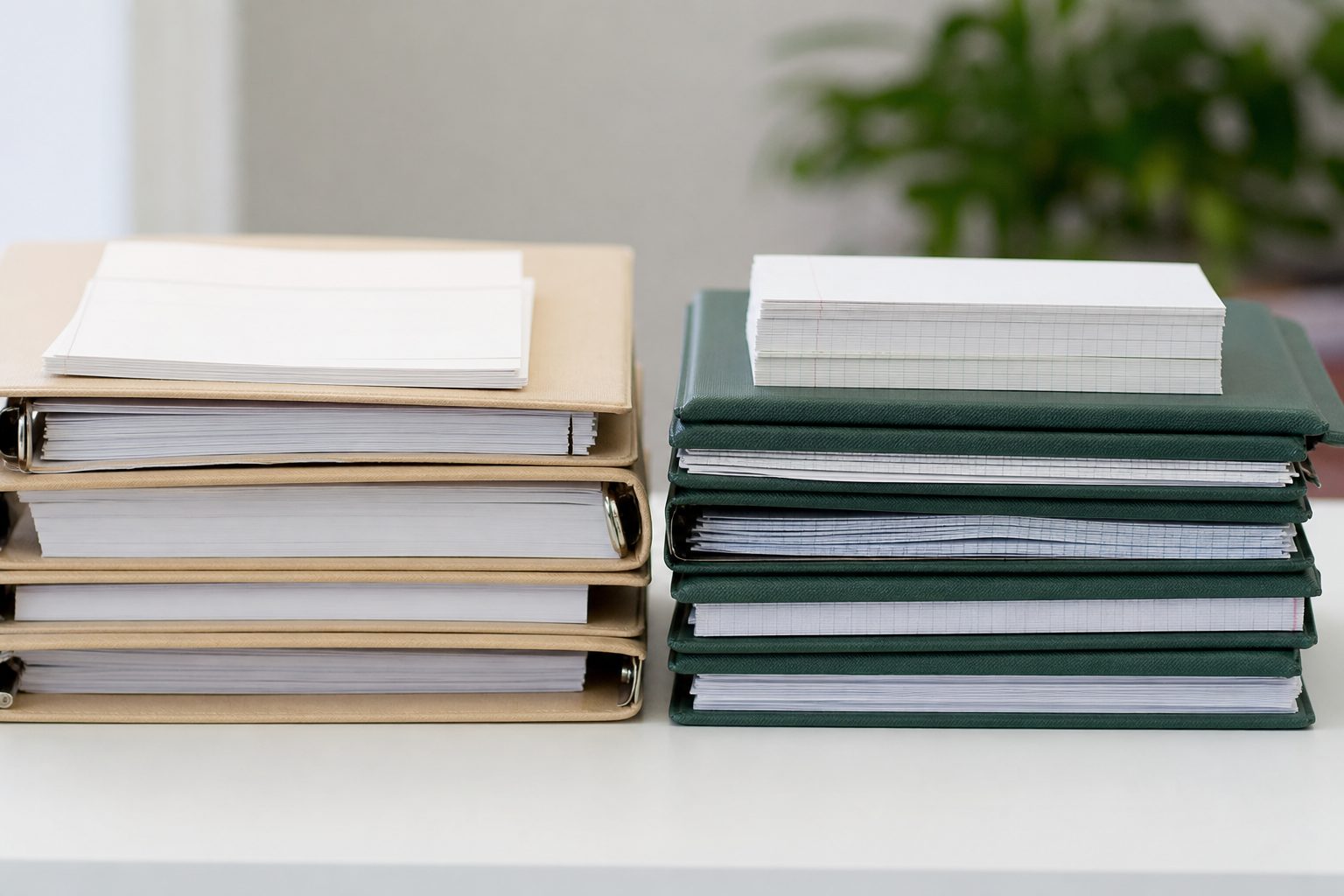 Two neat stacks of study binders and index cards side by side on a bright white desk