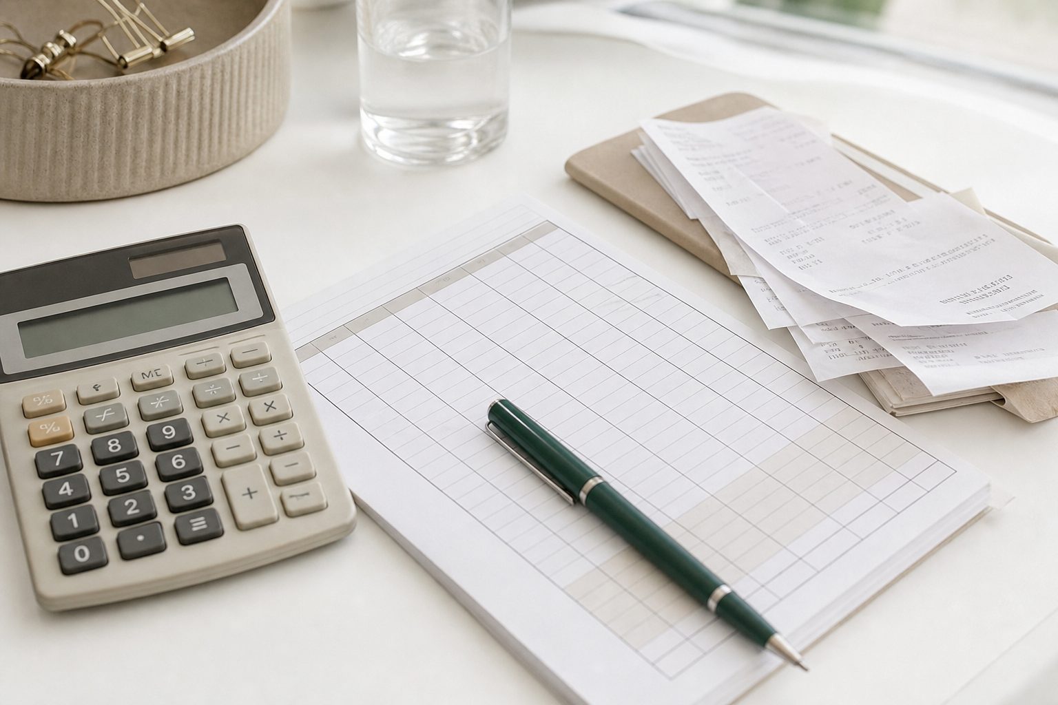 Calculator, gridded expense worksheet and receipts arranged neatly on a bright white desk