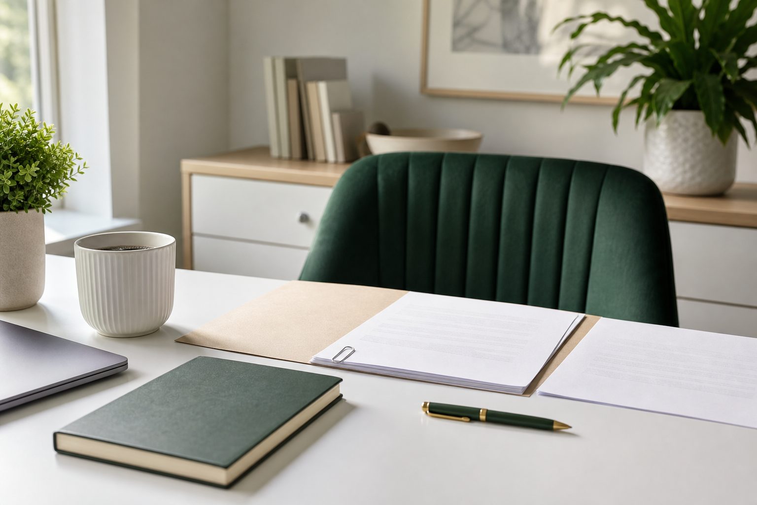 Bright home office desk with a printed client agreement, sand colored folder and a green pen in morning light