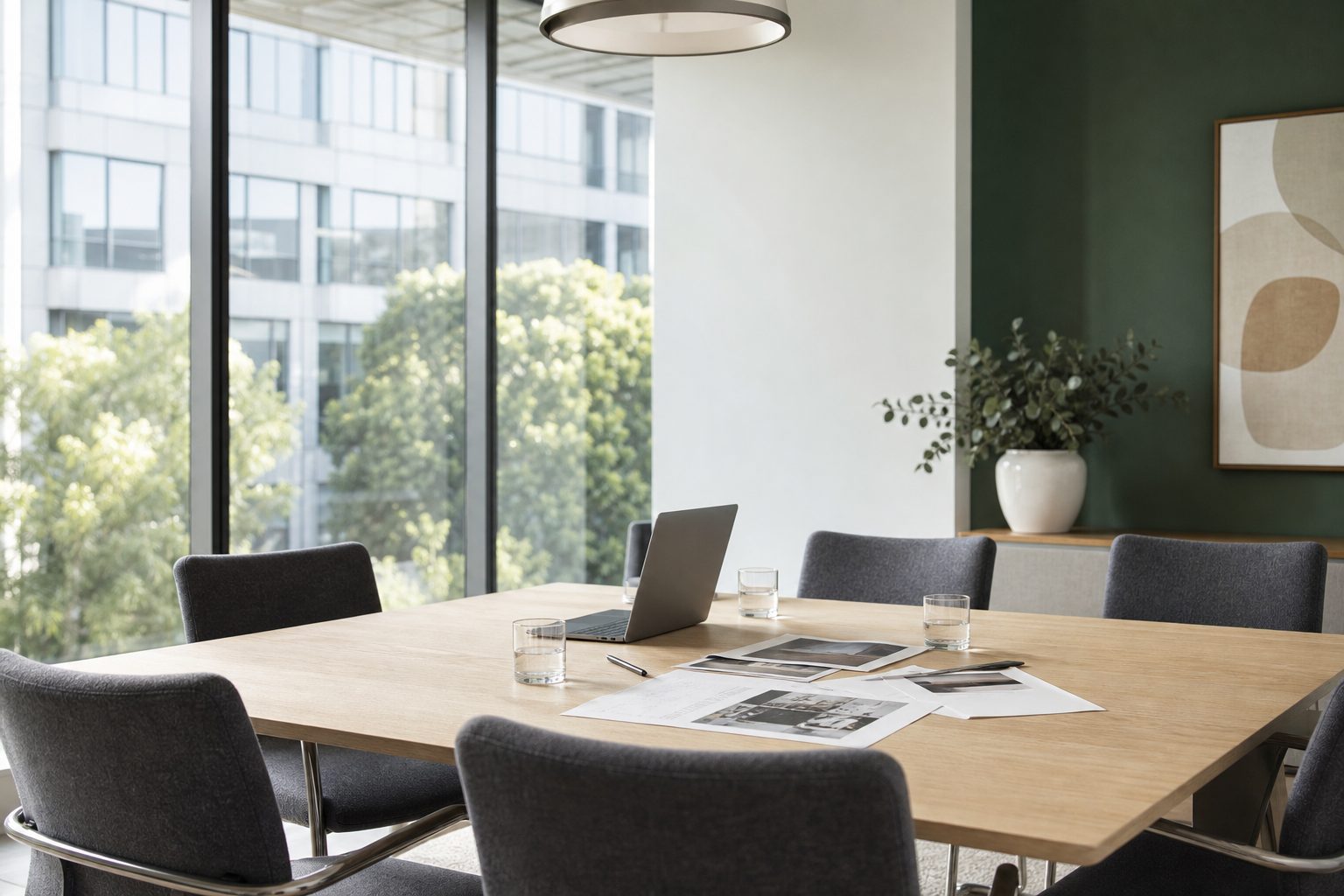 Bright corporate meeting room with light wood table, laptop and printed handouts in soft daylight