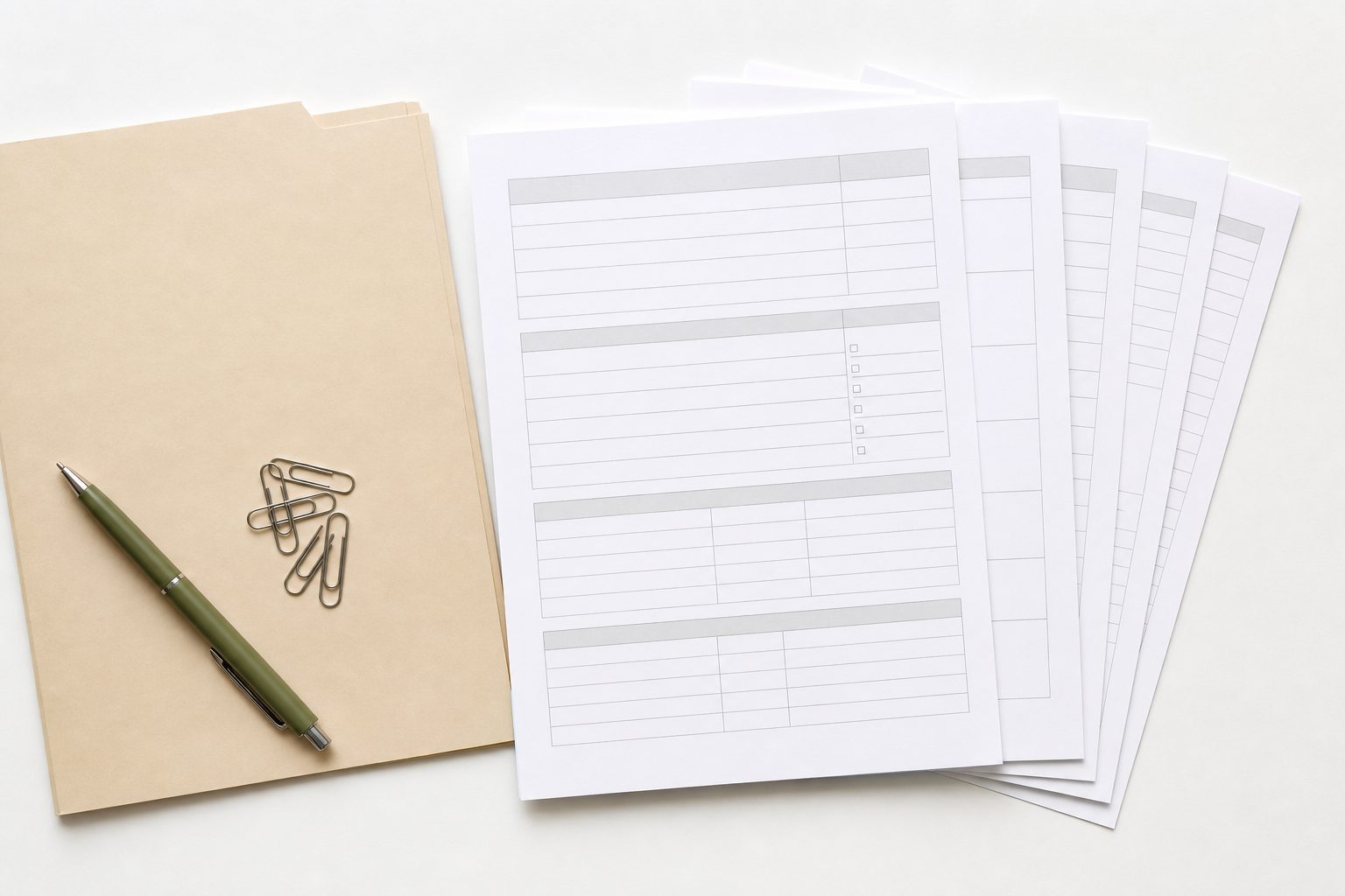 Flat lay of blank printed forms, sand folder, paper clips and a green pen on a white surface