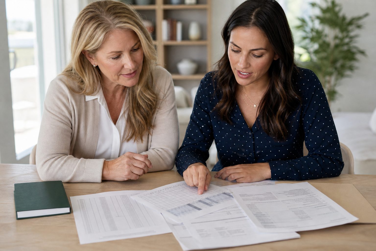 Two women at a light wood table reviewing printed statements and a gridded planning worksheet in daylight