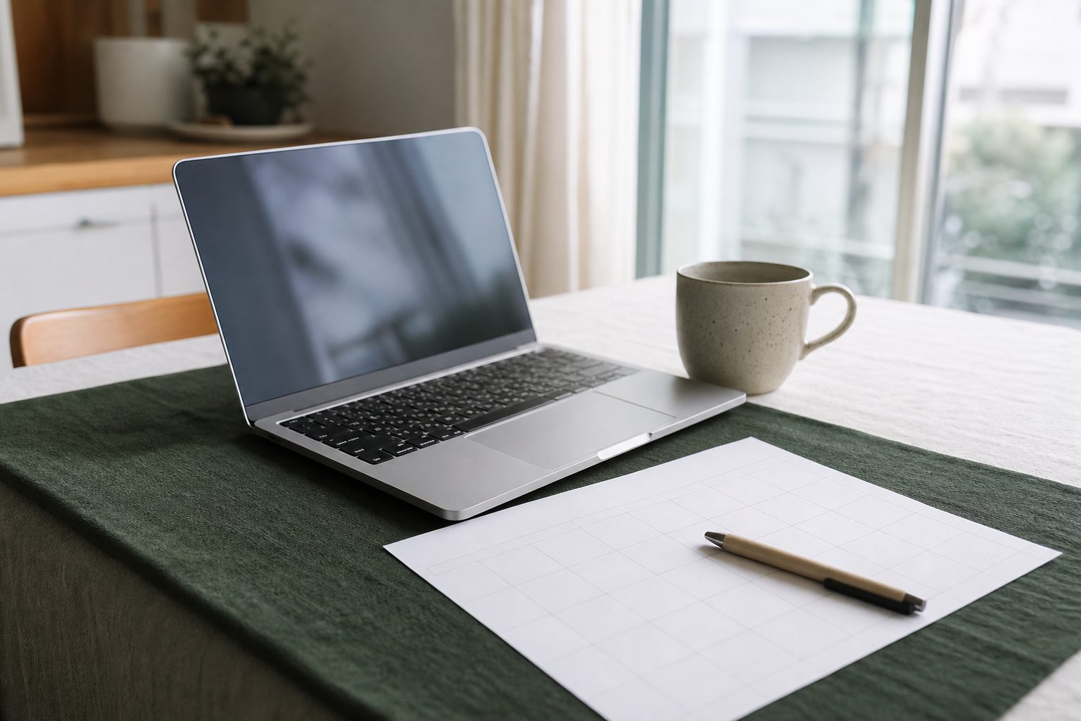 Kitchen table with a laptop, gridded monthly plan printout and a mug in bright window light