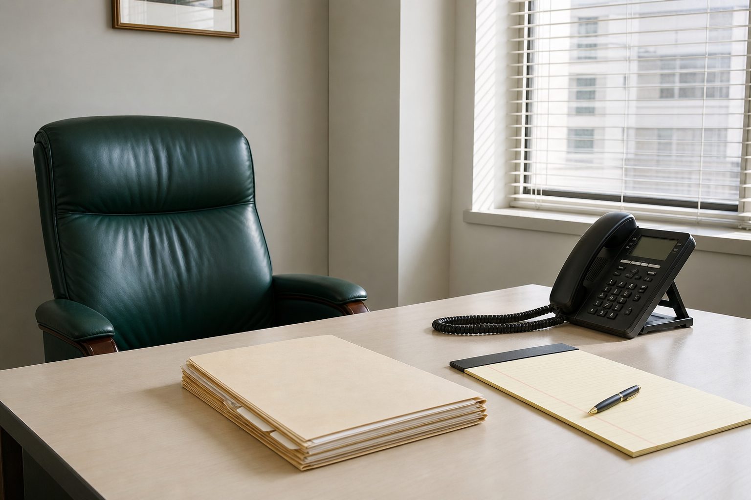 Bright office corner with a phone, sand colored file of statements and a legal pad on a light desk