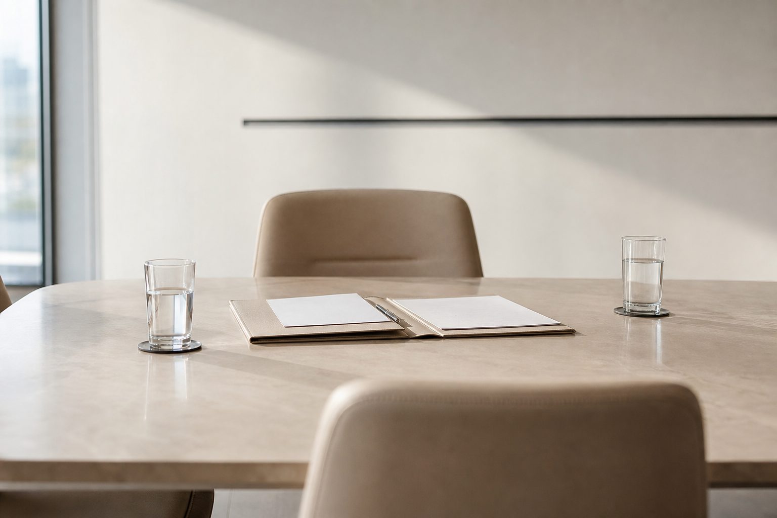Empty chair across a bright meeting table set with water glasses and an open planning folder