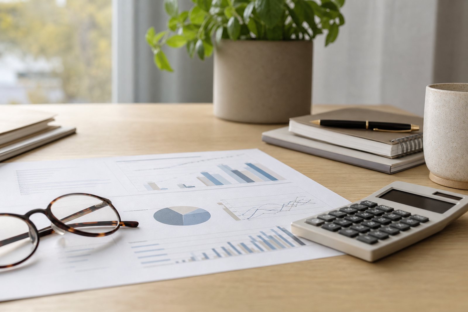 A calm office desk with a printed financial plan, a calculator, reading glasses and a plant in soft daylight